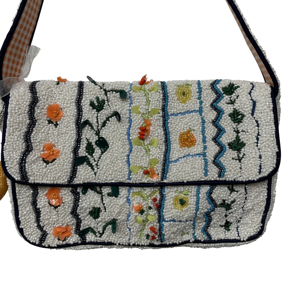 Tik Tok Viral Handcrafted Bead Floral Shoulder Bag White Orange Fruit Charm NEW